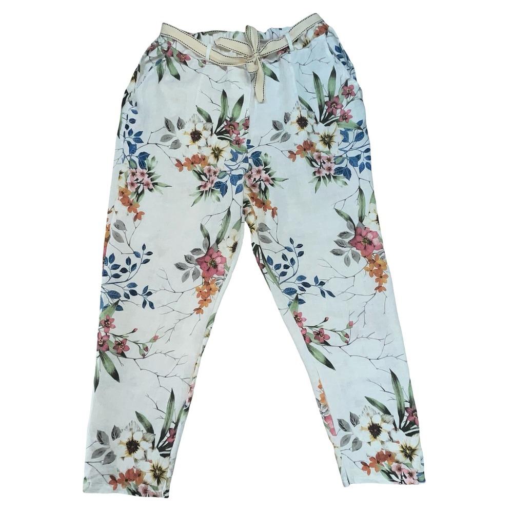 Nina Kendosa Women Pants White Floral 100% Linen High Rise Tapered Summer Boho 6